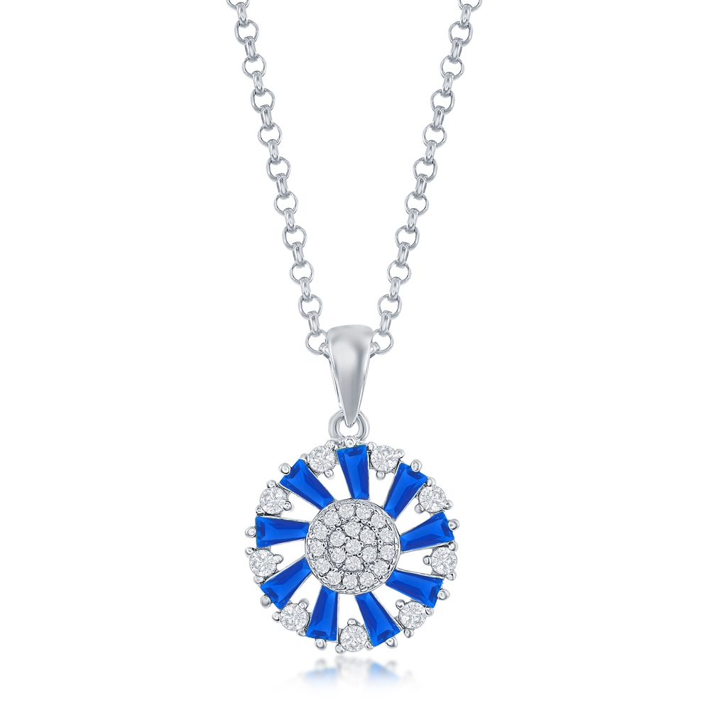 Blue Spinel and Clear CZ Pinwheel Pendant - Sterling Silver - Click Image to Close